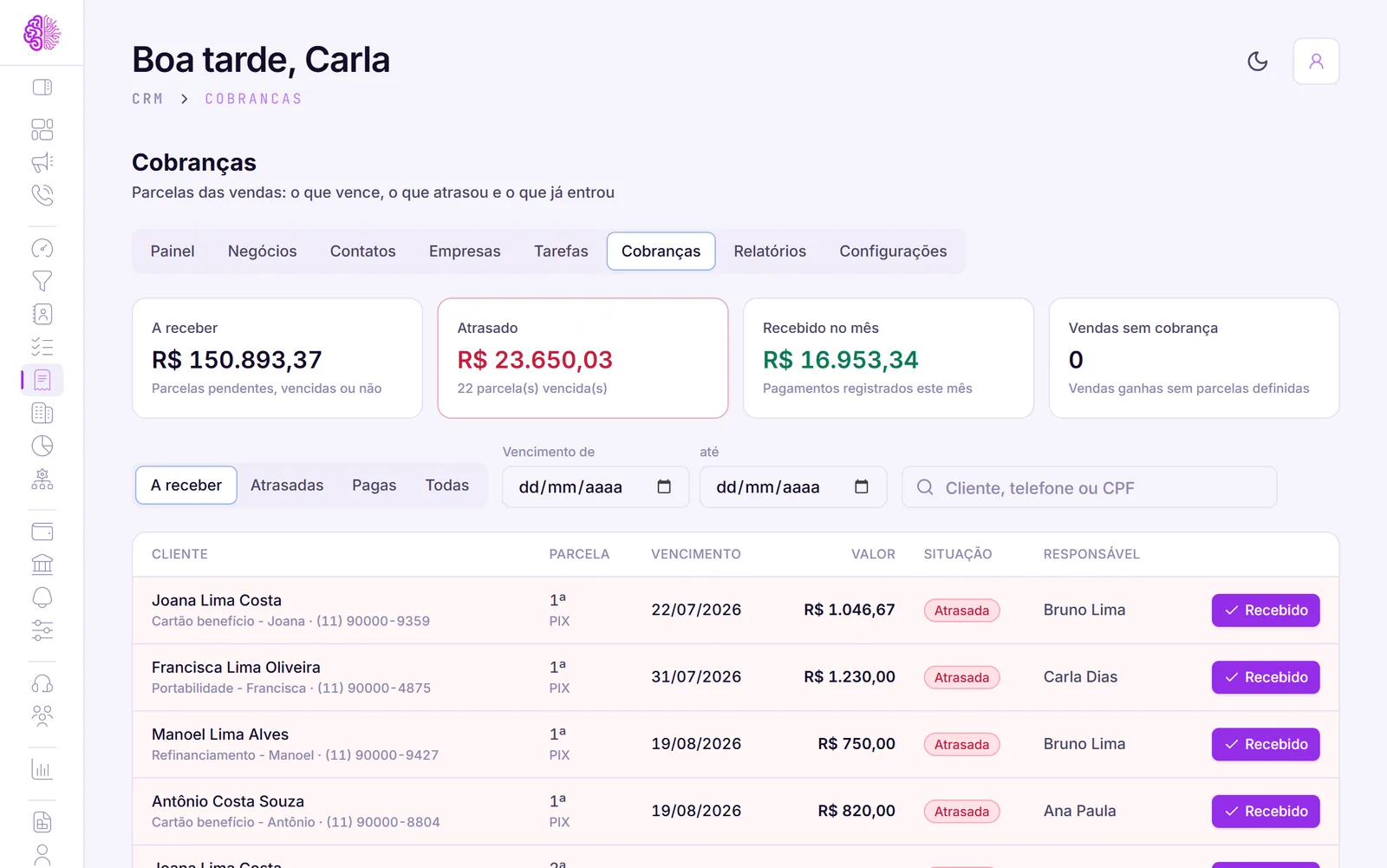Lista de parcelas a receber, atrasadas e recebidas