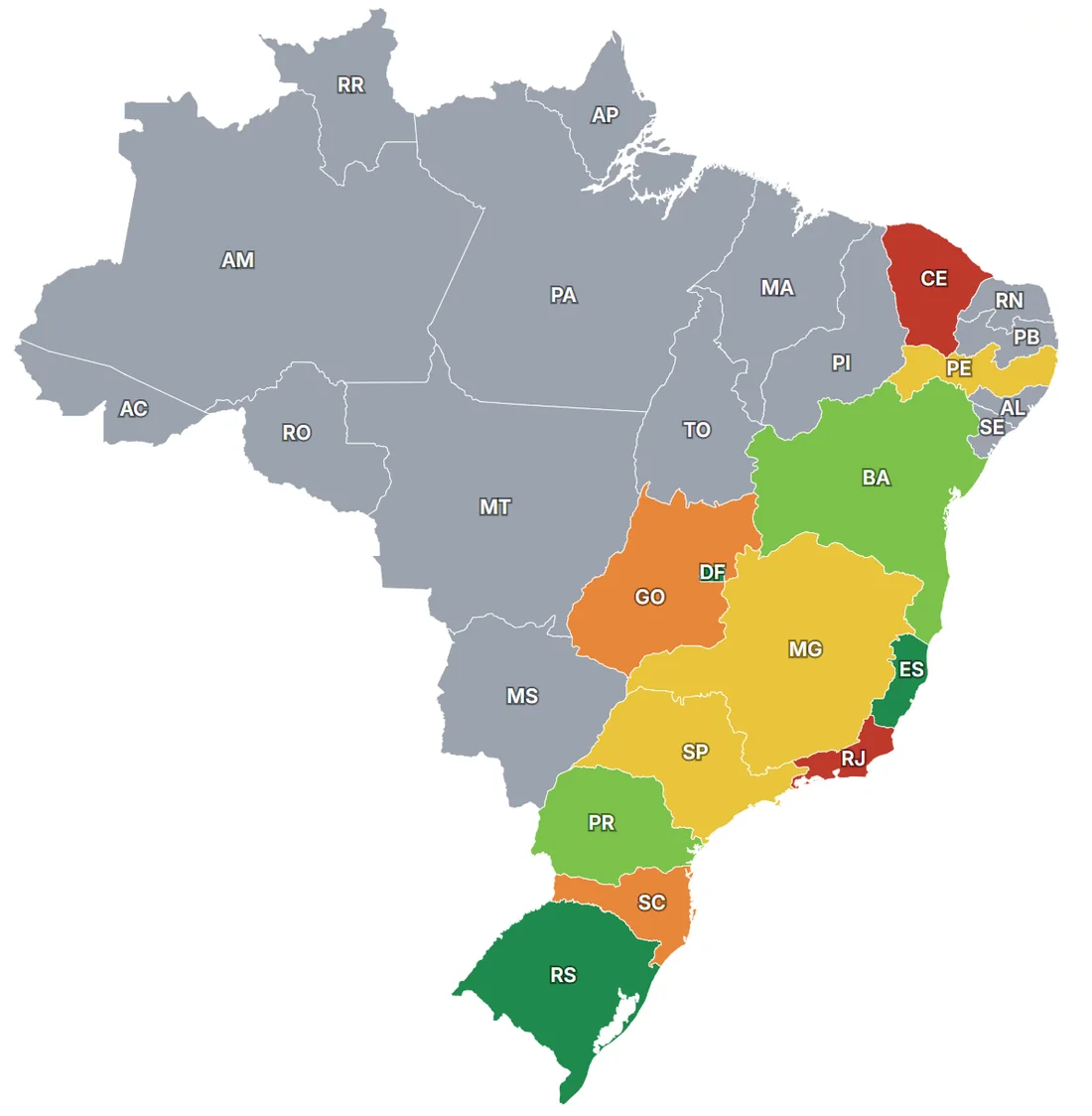 Mapa do Brasil com o completamento das ligações por estado